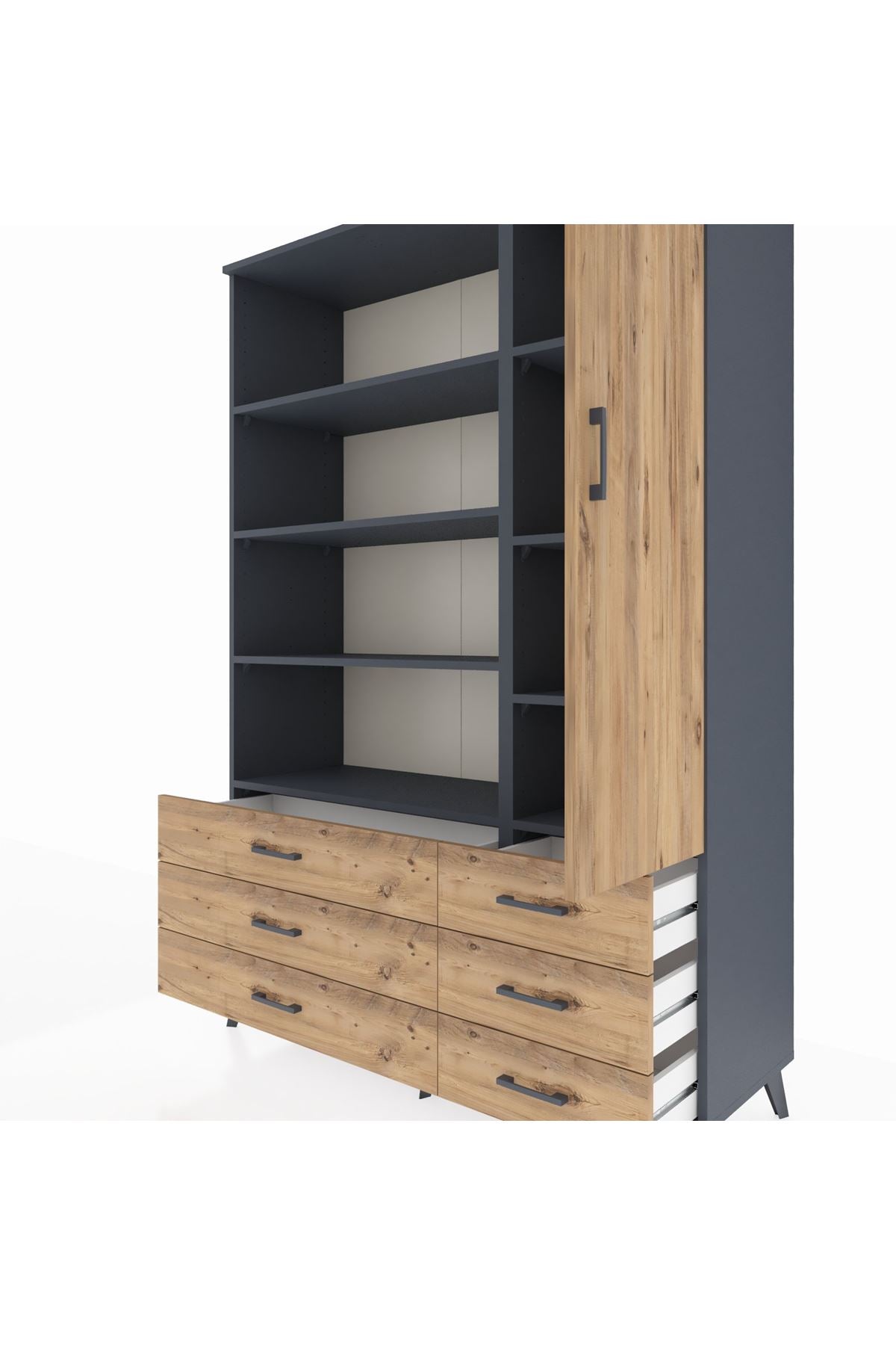 Hyperion Dolap 8 Raflı 6 Çekmeceli Tek Kapaklı  132x44x195 Antrasit-Çam/Çam