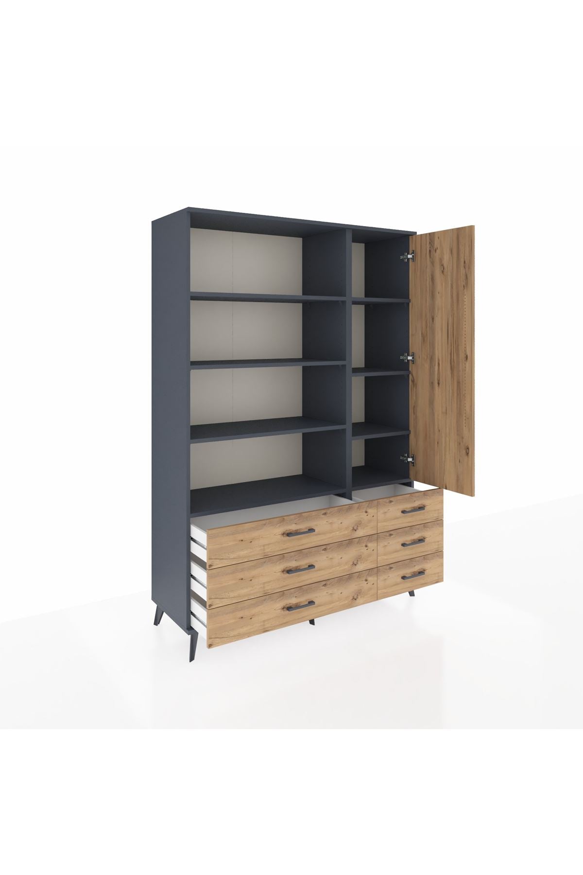 Hyperion Dolap 8 Raflı 6 Çekmeceli Tek Kapaklı  132x44x195 Antrasit-Çam/Çam