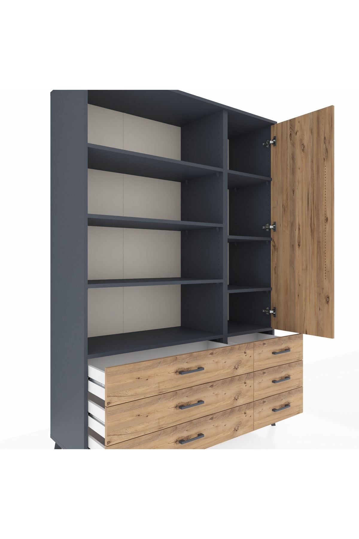Hyperion Dolap 8 Raflı 6 Çekmeceli Tek Kapaklı  132x44x195 Antrasit-Çam/Çam