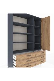 Hyperion Dolap 8 Raflı 6 Çekmeceli Tek Kapaklı  132x44x195 Antrasit-Çam/Çam
