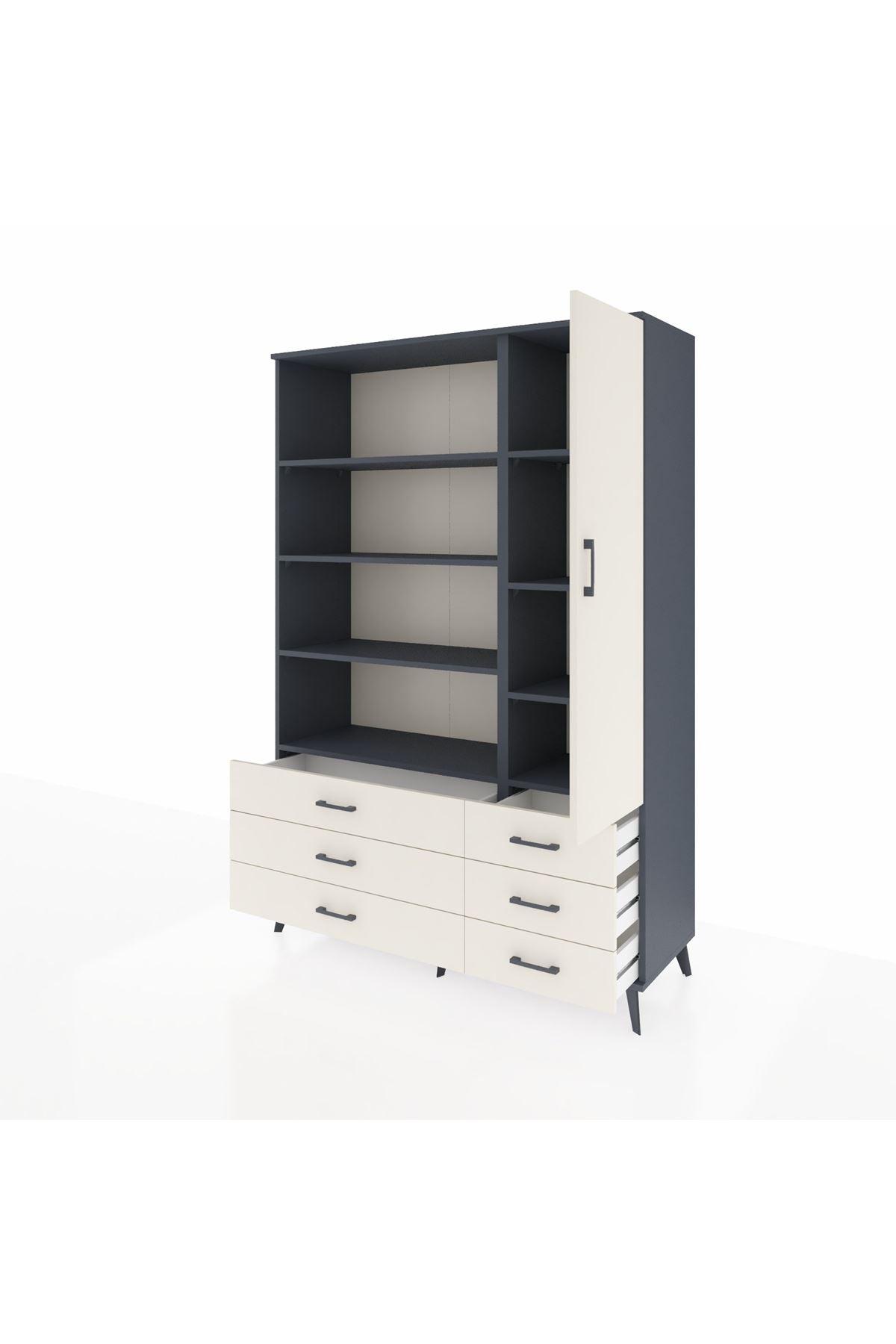 Hyperion Dolap 8 Raflı 6 Çekmeceli Tek Kapaklı  132x44x195 Antrasit-Aytaşı/Aytaşı