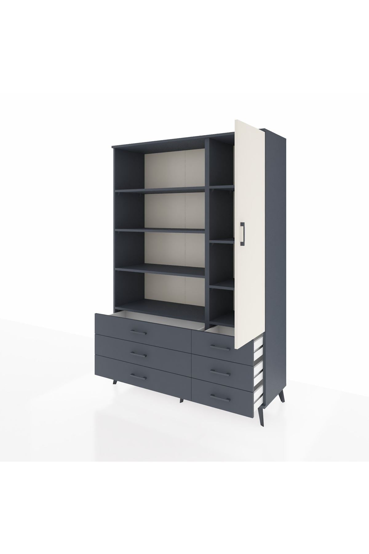 Hyperion Dolap 8 Raflı 6 Çekmeceli Tek Kapaklı  132x44x195 Antrasit-Aytaşı/Antrasit