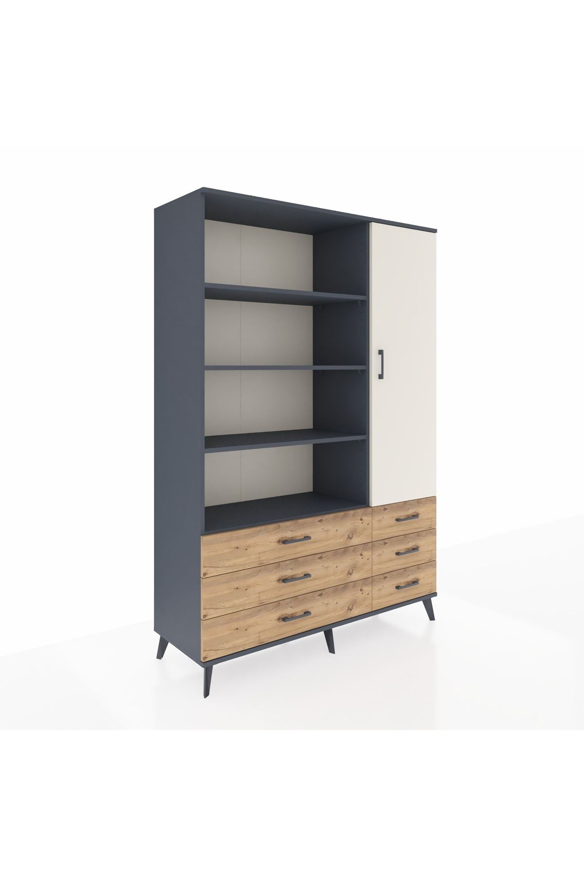 Hyperion Dolap 8 Raflı 6 Çekmeceli Tek Kapaklı  132x44x195 Antrasit-Aytaşı/Çam