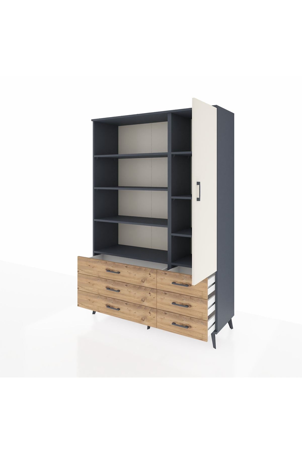 Hyperion Dolap 8 Raflı 6 Çekmeceli Tek Kapaklı  132x44x195 Antrasit-Aytaşı/Çam