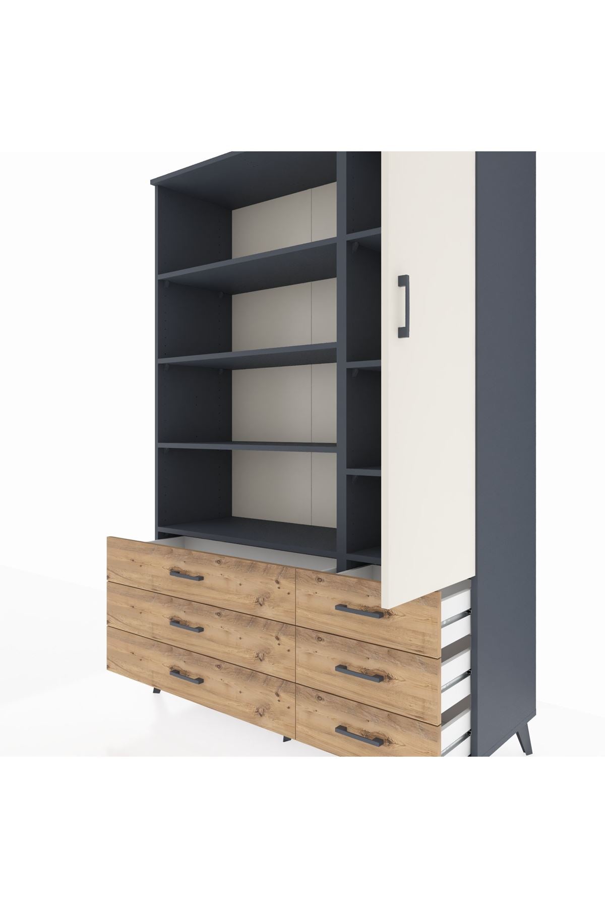 Hyperion Dolap 8 Raflı 6 Çekmeceli Tek Kapaklı  132x44x195 Antrasit-Aytaşı/Çam
