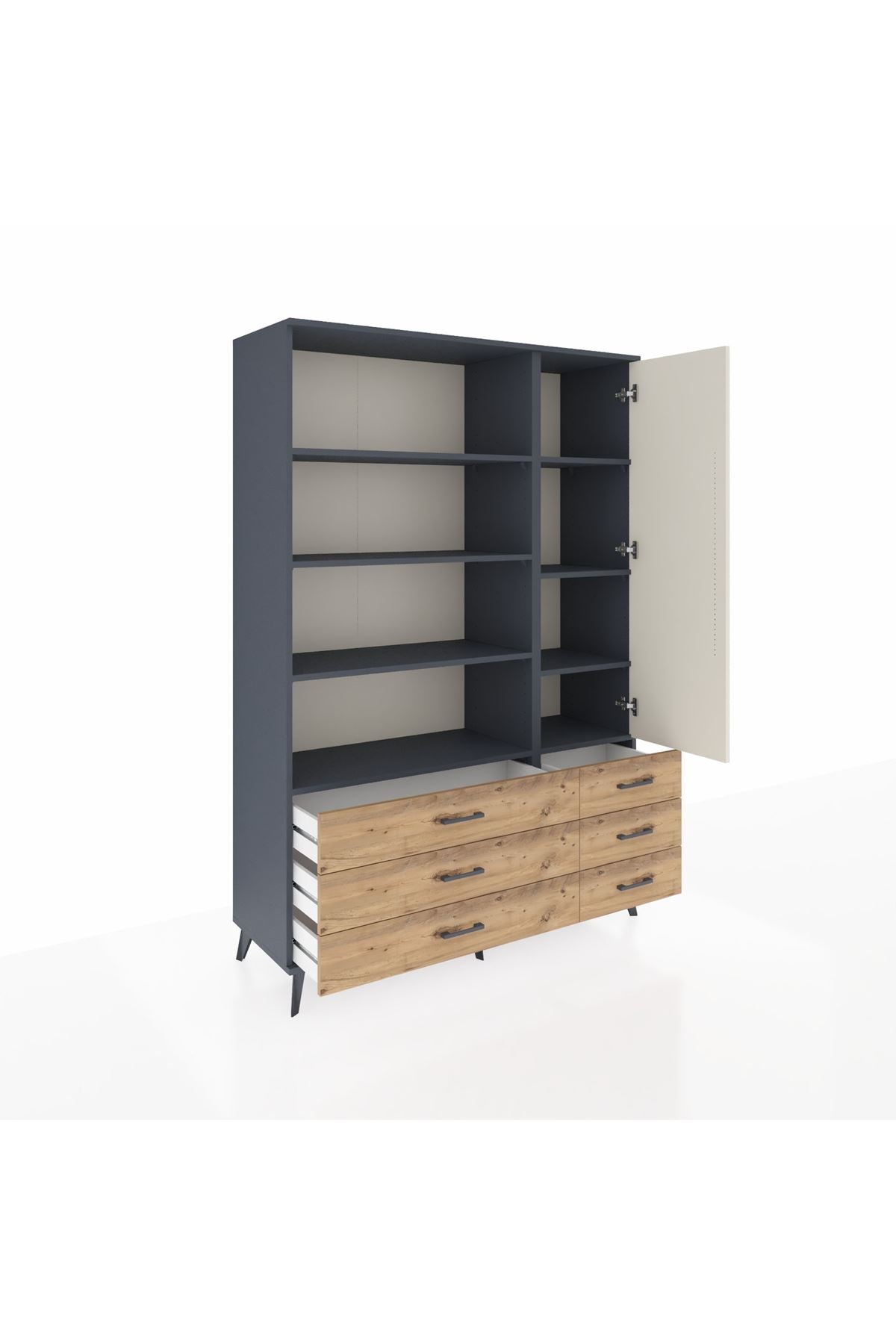 Hyperion Dolap 8 Raflı 6 Çekmeceli Tek Kapaklı  132x44x195 Antrasit-Aytaşı/Çam
