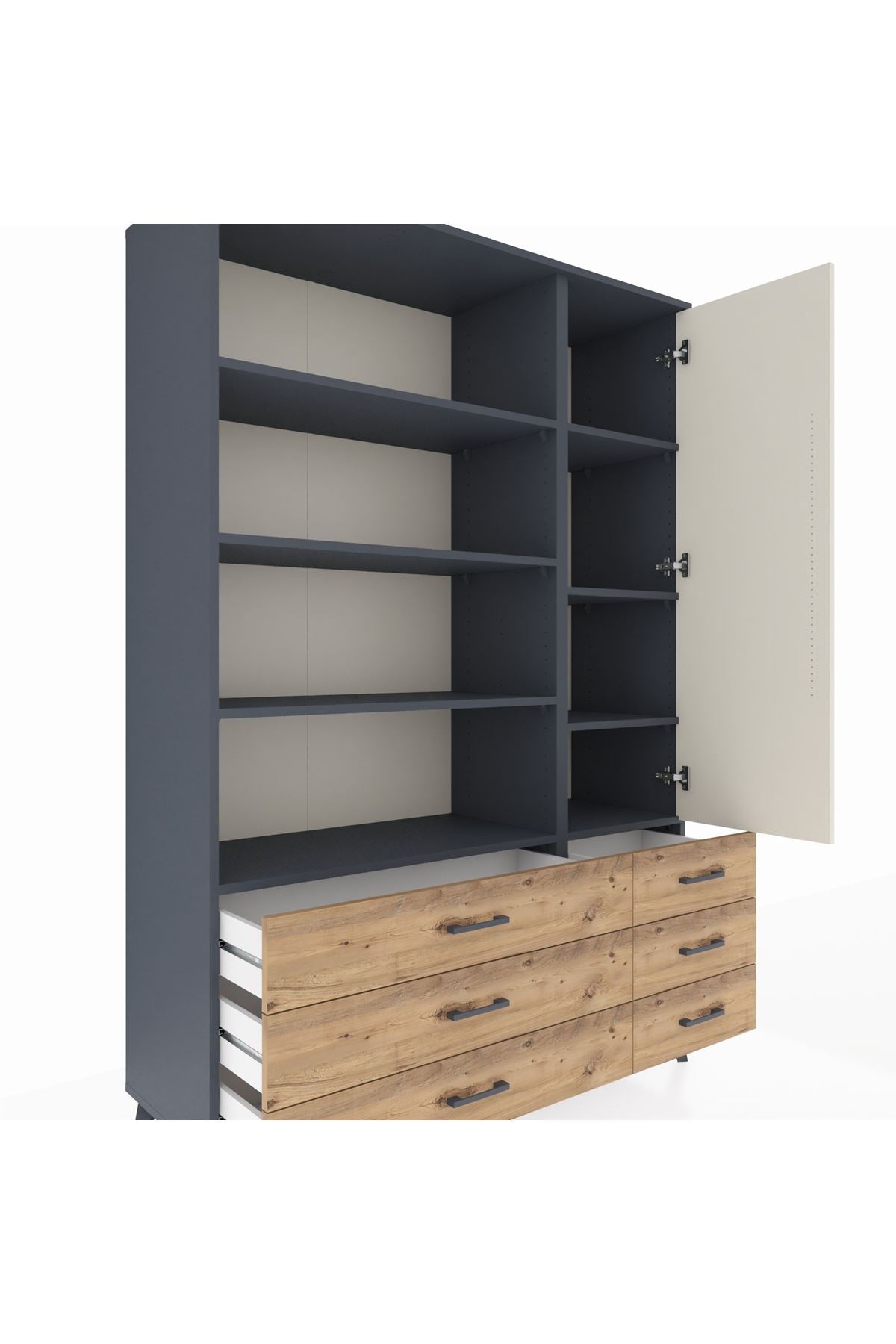 Hyperion Dolap 8 Raflı 6 Çekmeceli Tek Kapaklı  132x44x195 Antrasit-Aytaşı/Çam