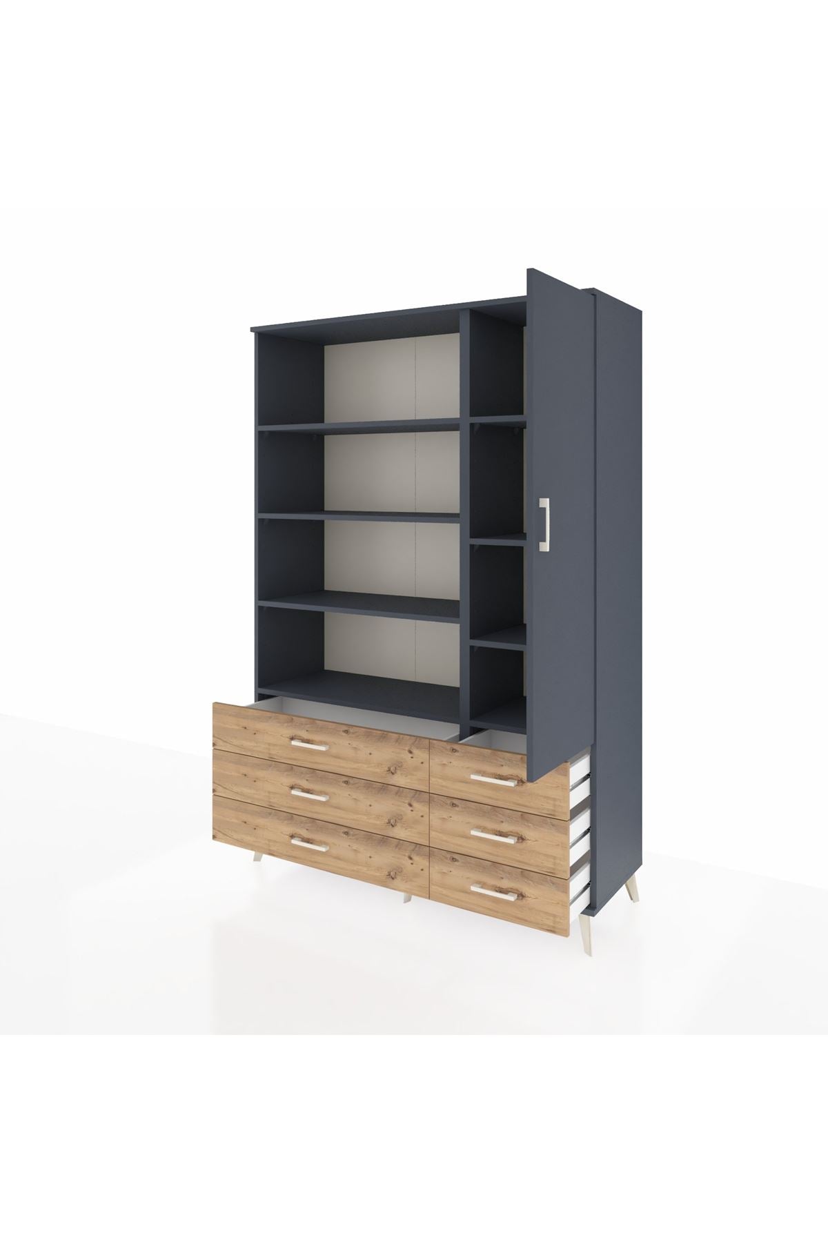 Hyperion Dolap 8 Raflı 6 Çekmeceli Tek Kapaklı  132x44x195 Antrasit-Antrasit/Çam