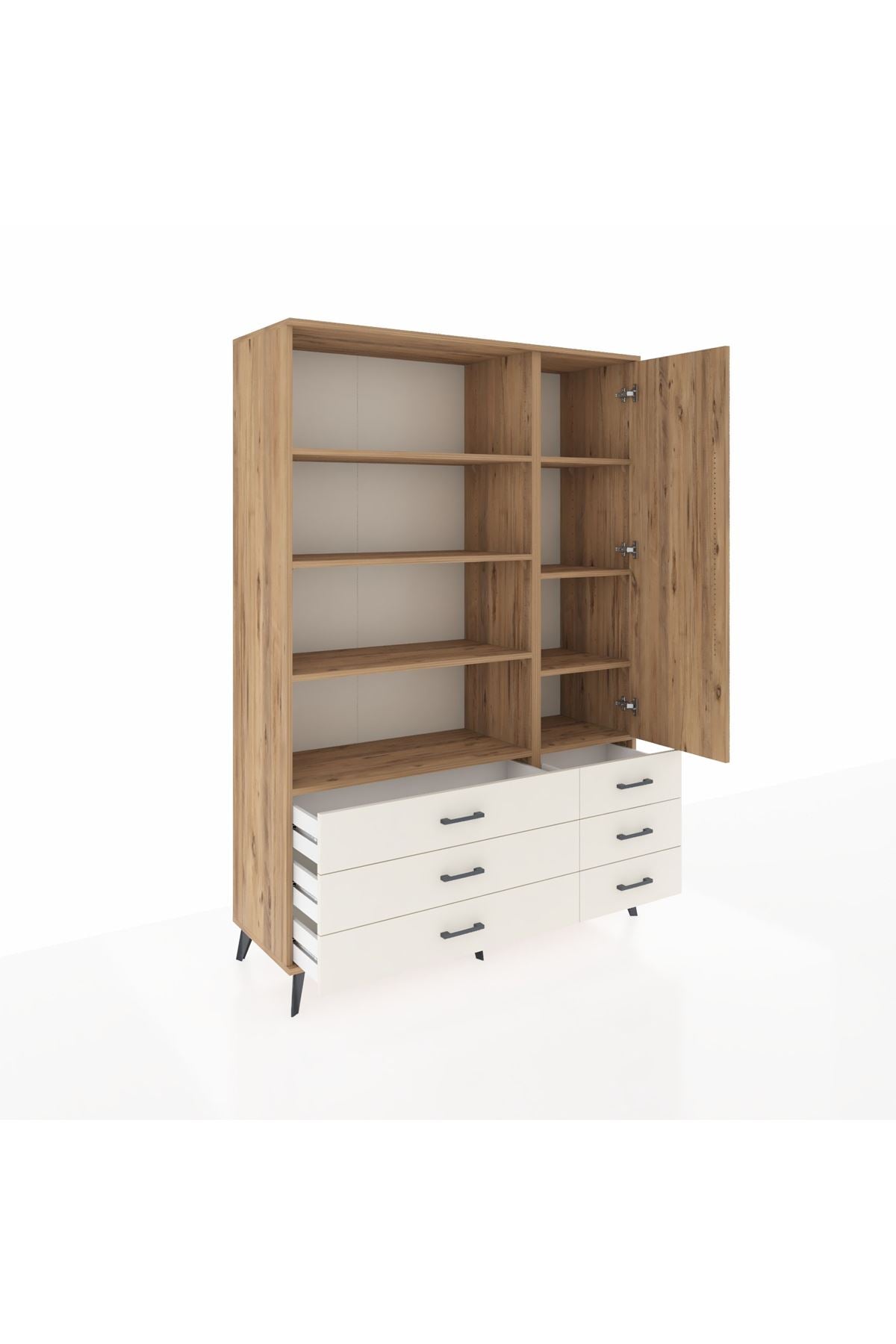 Hyperion Dolap 8 Raflı 6 Çekmeceli Tek Kapaklı  132x44x195 Çam-Çam/Aytaşı