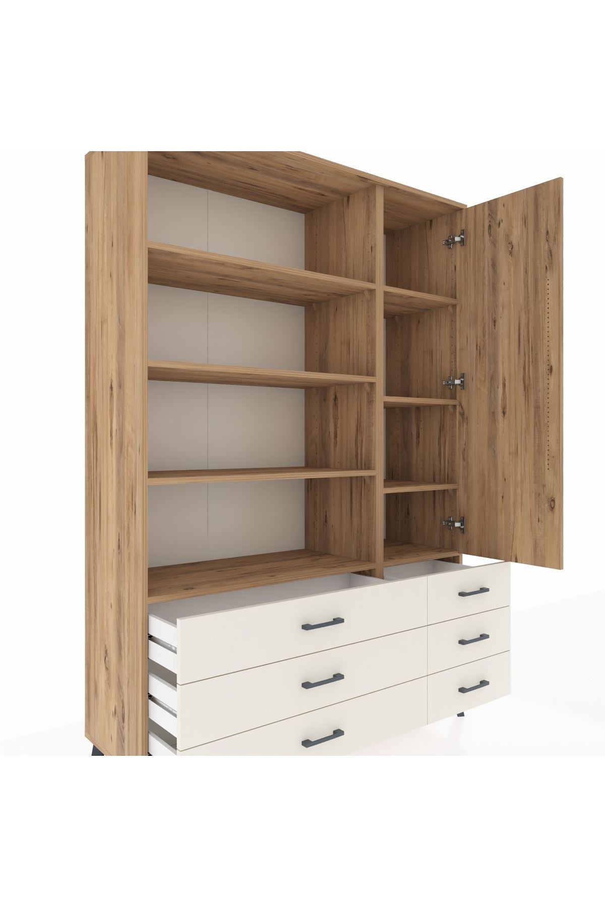 Hyperion Dolap 8 Raflı 6 Çekmeceli Tek Kapaklı  132x44x195 Çam-Çam/Aytaşı