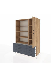 Hyperion Dolap 8 Raflı 6 Çekmeceli Tek Kapaklı  132x44x195 Çam-Çam/Antrasit