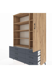 Hyperion Dolap 8 Raflı 6 Çekmeceli Tek Kapaklı  132x44x195 Çam-Çam/Antrasit