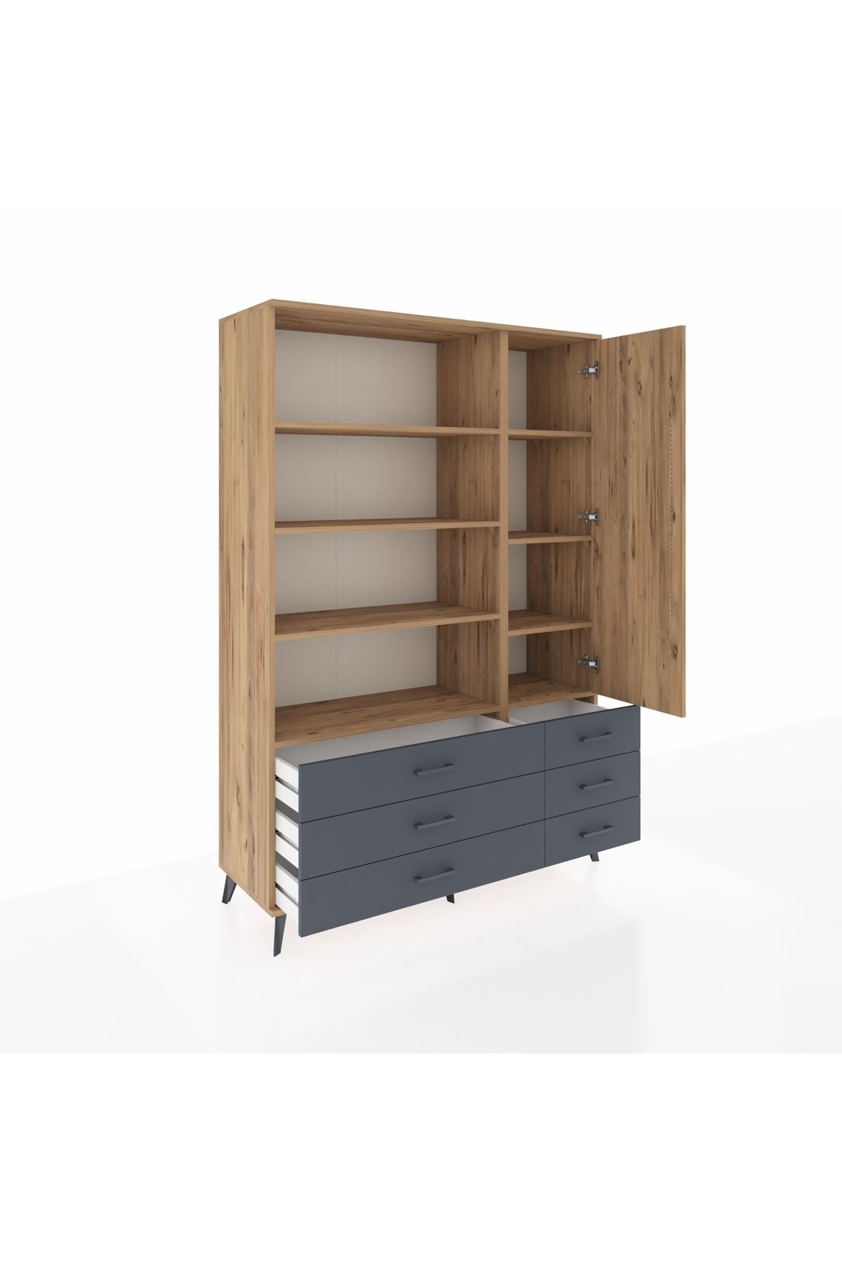 Hyperion Dolap 8 Raflı 6 Çekmeceli Tek Kapaklı  132x44x195 Çam-Çam/Antrasit