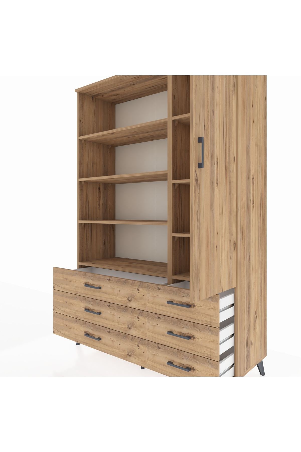 Hyperion Dolap 8 Raflı 6 Çekmeceli Tek Kapaklı  132x44x195 Çam-Çam/Çam