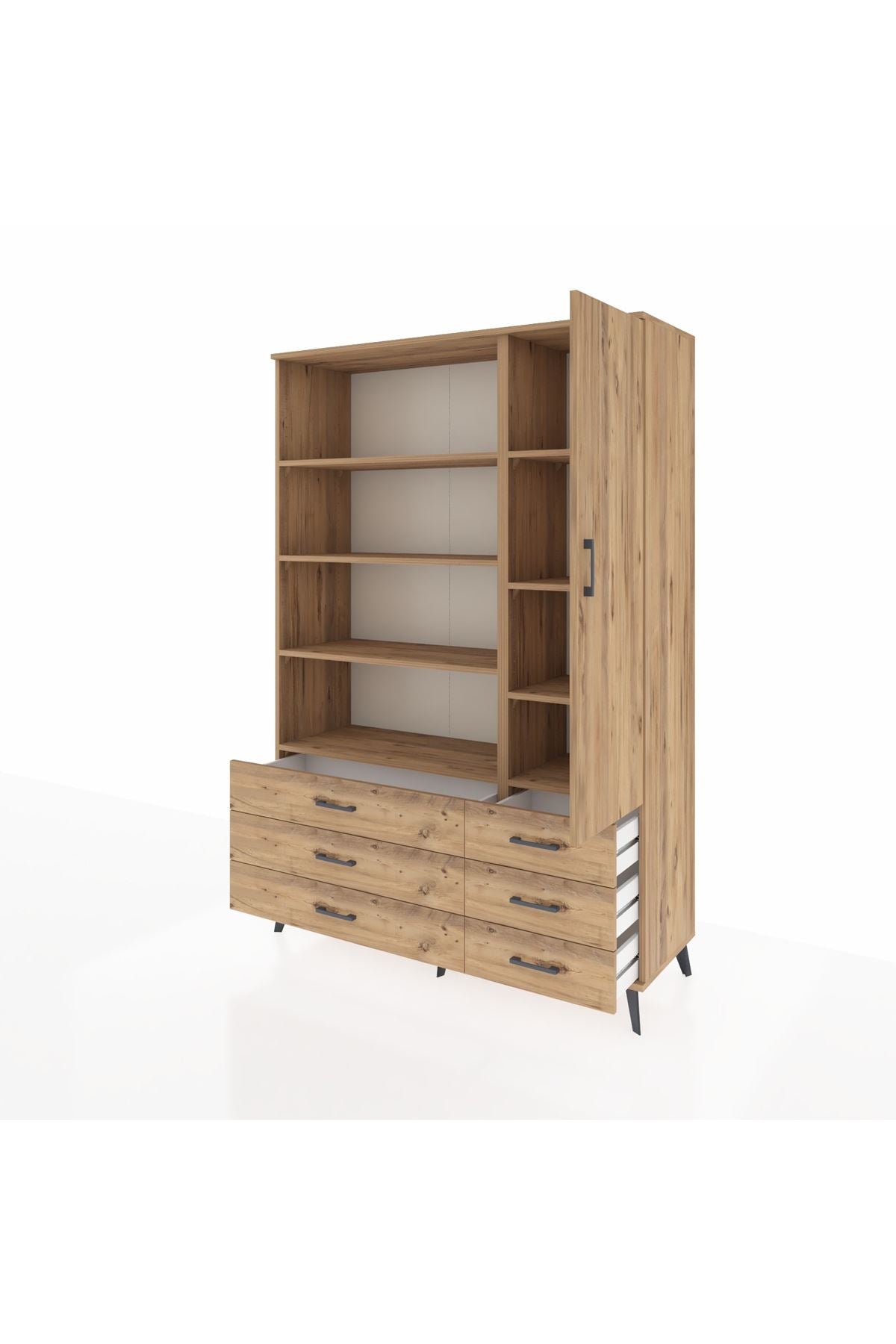 Hyperion Dolap 8 Raflı 6 Çekmeceli Tek Kapaklı  132x44x195 Çam-Çam/Çam