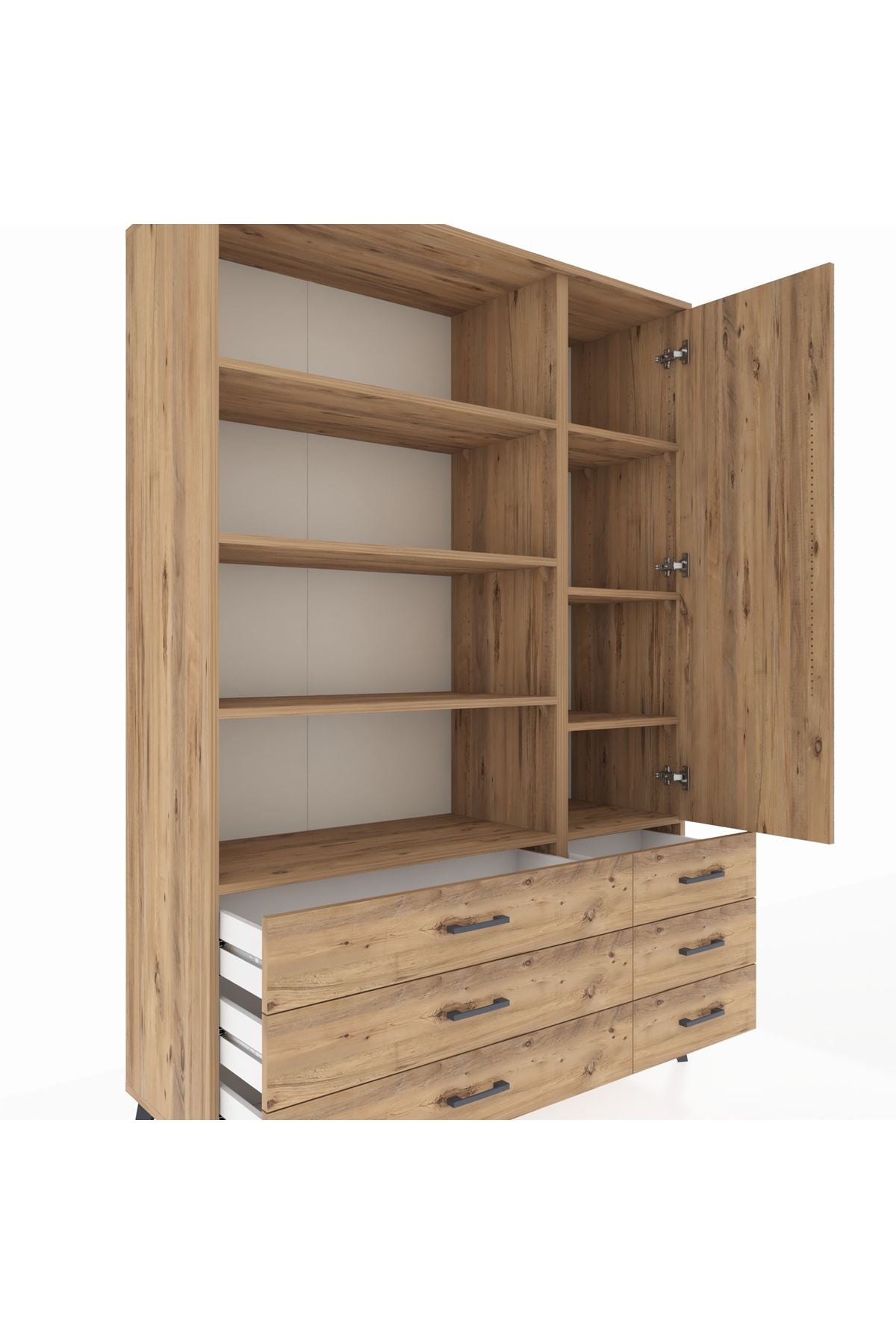 Hyperion Dolap 8 Raflı 6 Çekmeceli Tek Kapaklı  132x44x195 Çam-Çam/Çam