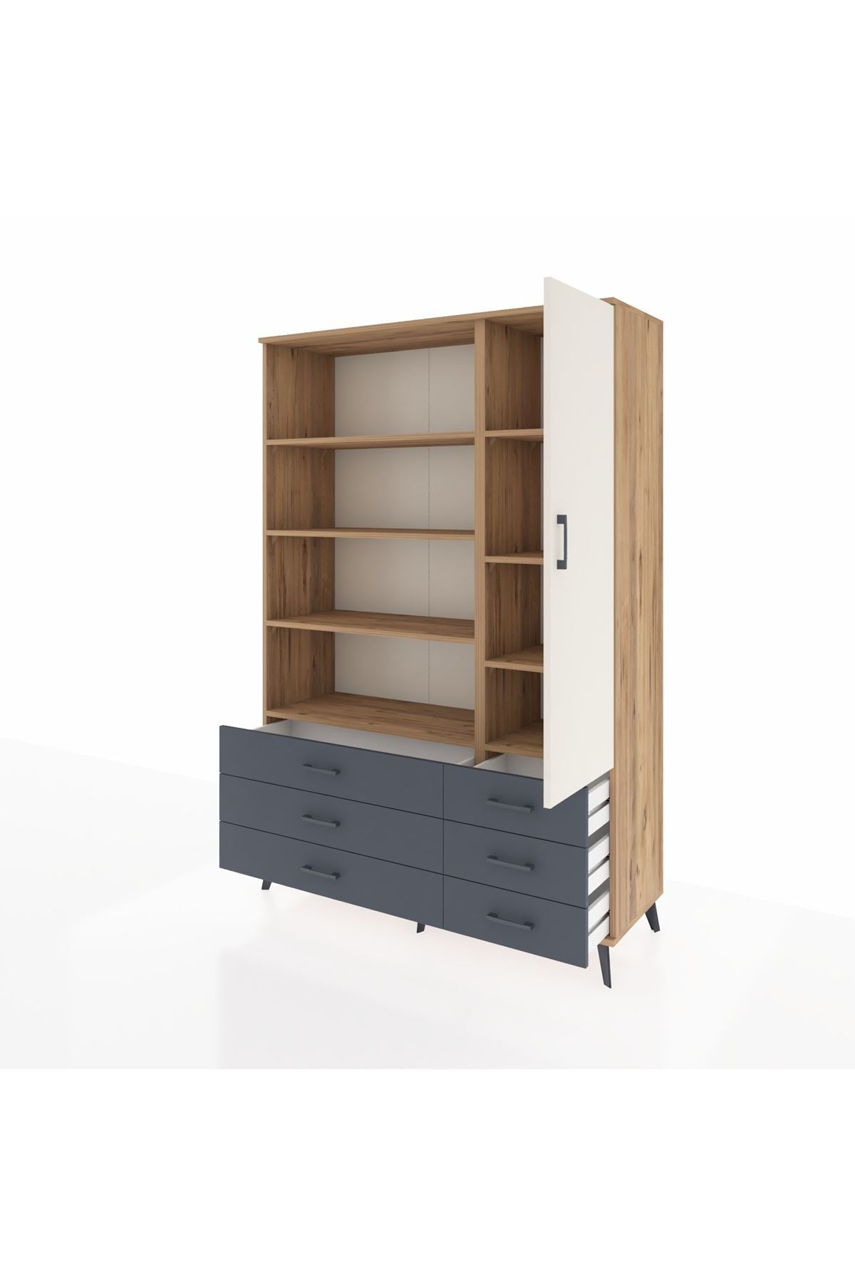 Hyperion Dolap 8 Raflı 6 Çekmeceli Tek Kapaklı  132x44x195 Çam-Aytaşı/Antrasit