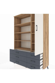 Hyperion Dolap 8 Raflı 6 Çekmeceli Tek Kapaklı  132x44x195 Çam-Aytaşı/Antrasit