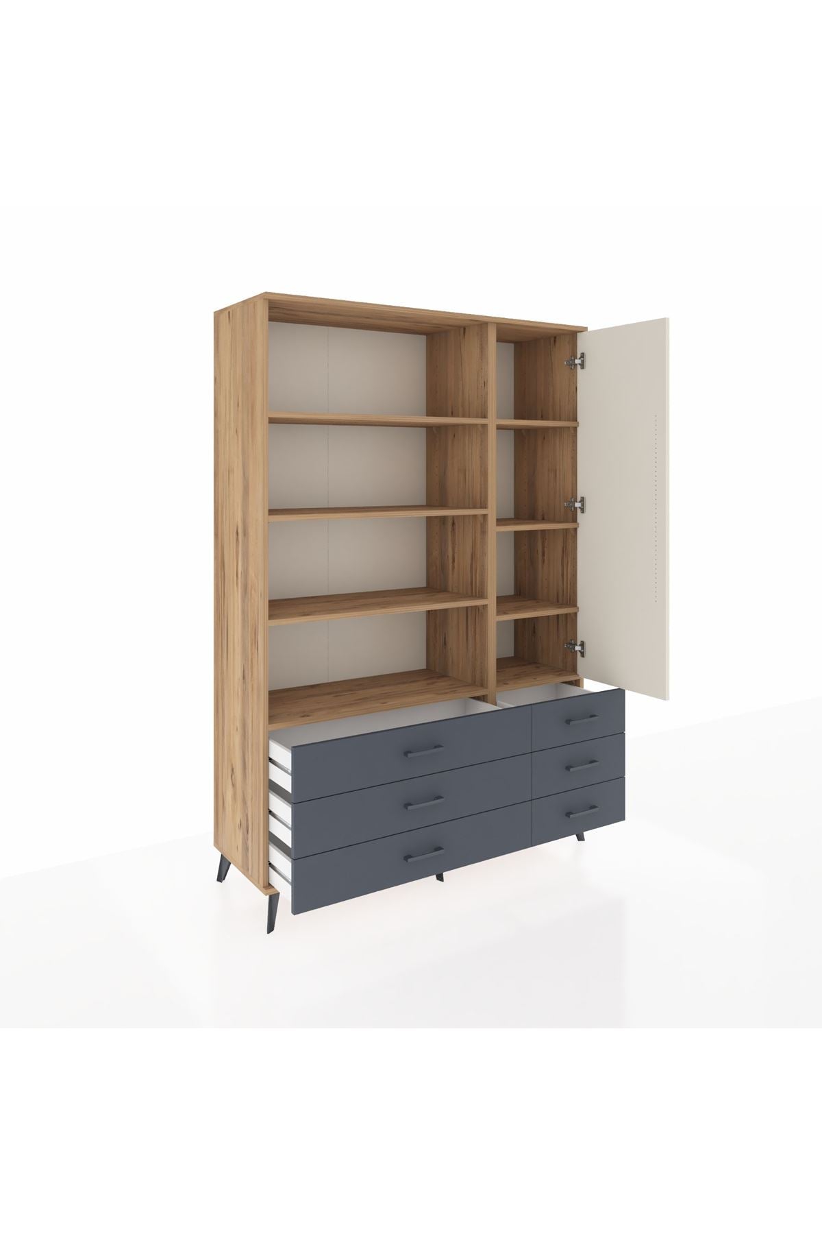 Hyperion Dolap 8 Raflı 6 Çekmeceli Tek Kapaklı  132x44x195 Çam-Aytaşı/Antrasit