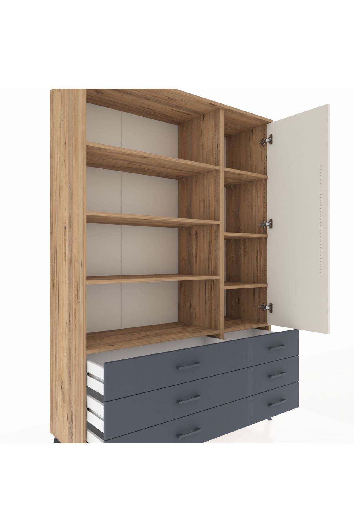 Hyperion Dolap 8 Raflı 6 Çekmeceli Tek Kapaklı  132x44x195 Çam-Aytaşı/Antrasit