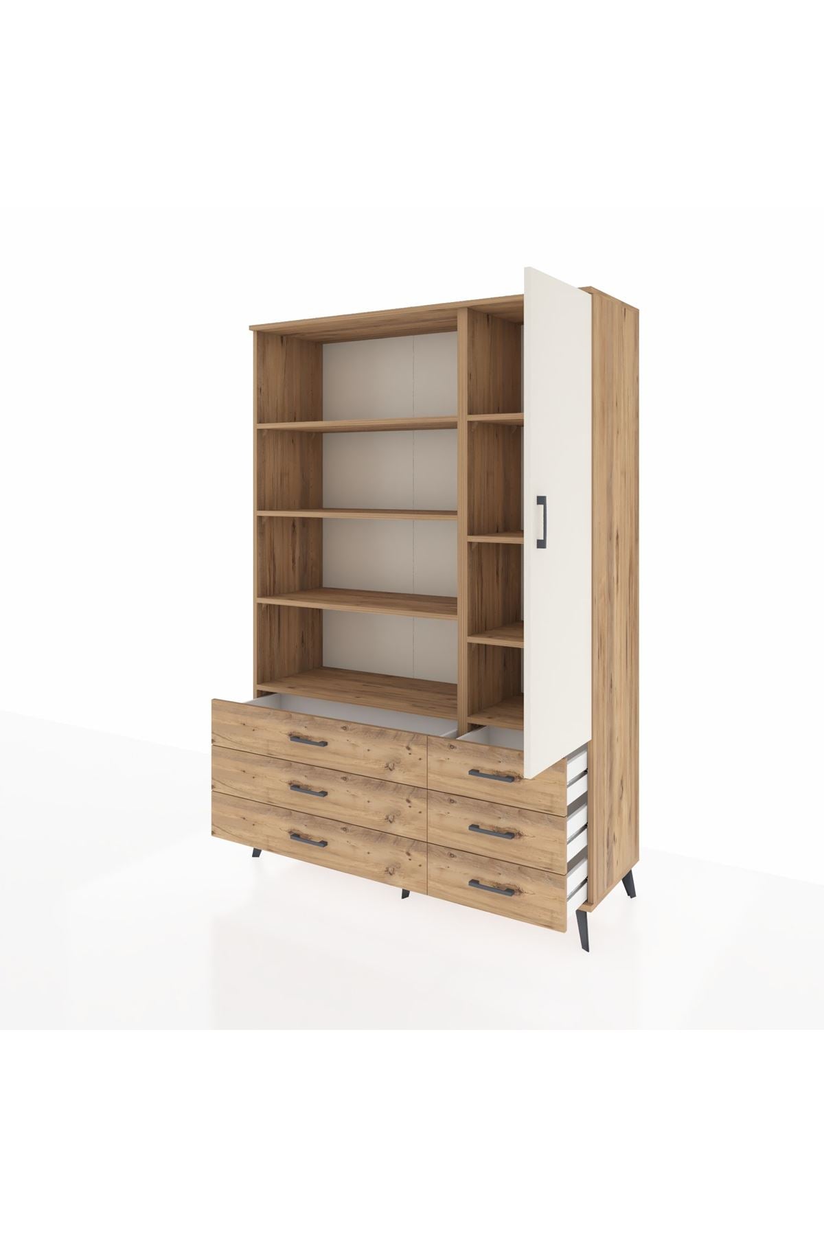 Hyperion Dolap 8 Raflı 6 Çekmeceli Tek Kapaklı  132x44x195 Çam-Aytaşı/Çam