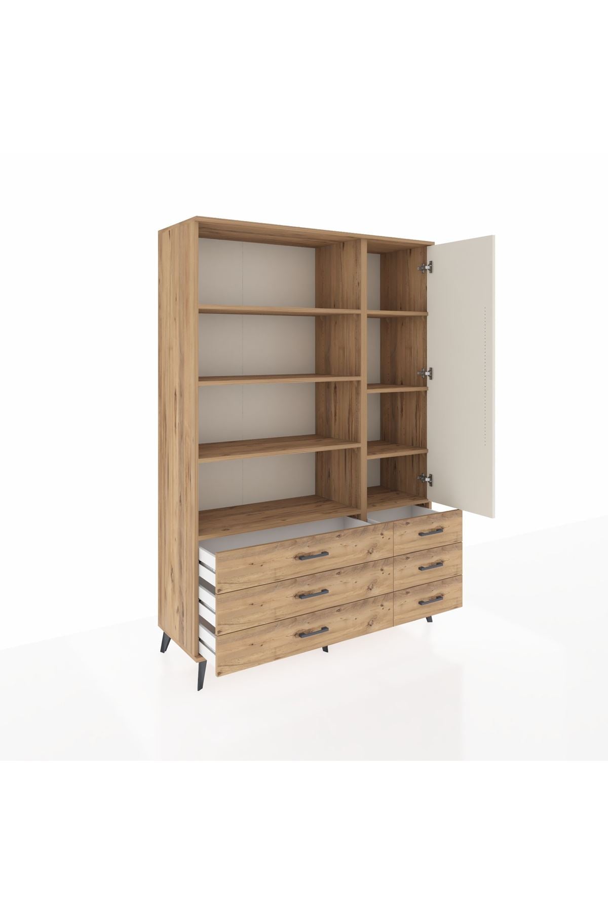 Hyperion Dolap 8 Raflı 6 Çekmeceli Tek Kapaklı  132x44x195 Çam-Aytaşı/Çam