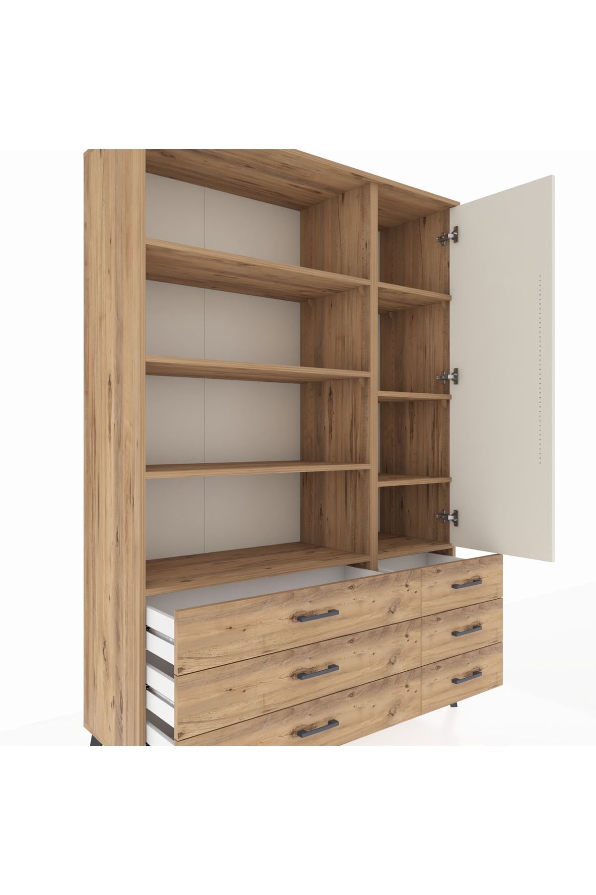 Hyperion Dolap 8 Raflı 6 Çekmeceli Tek Kapaklı  132x44x195 Çam-Aytaşı/Çam