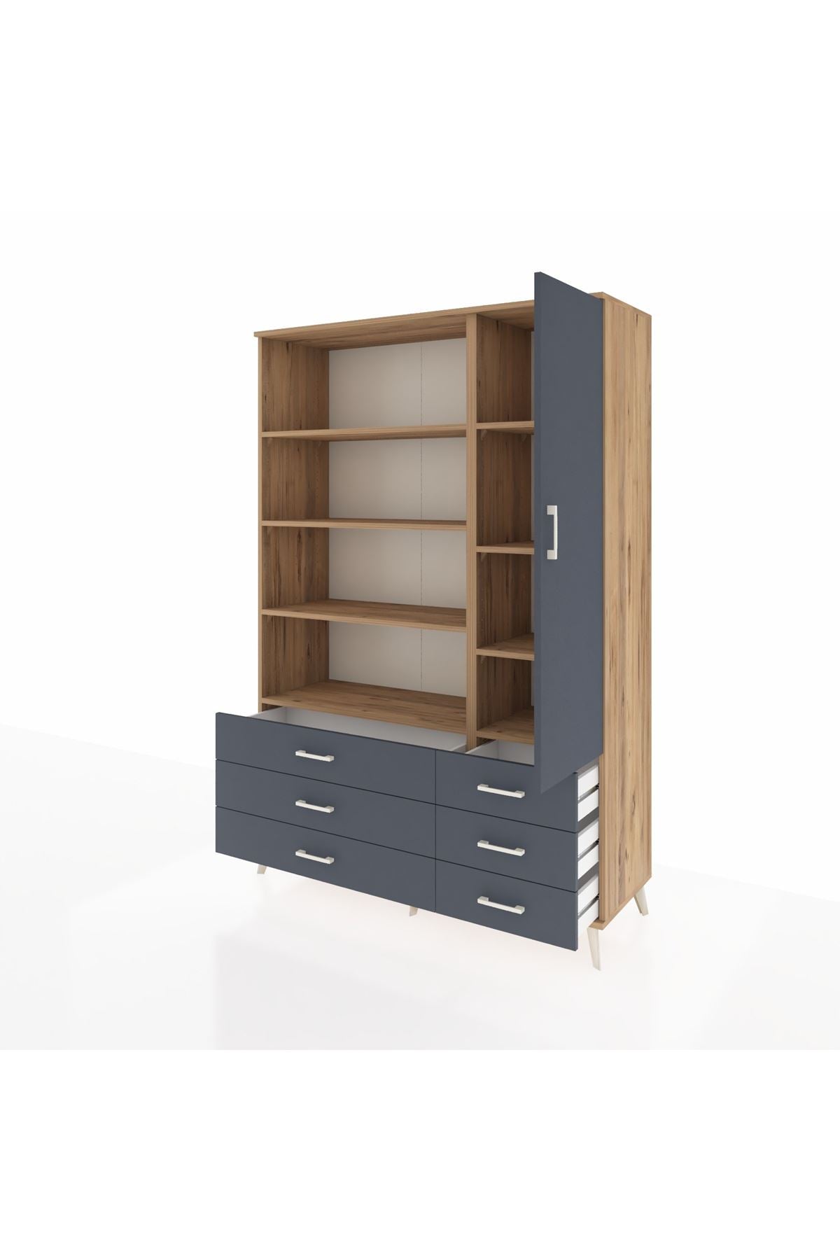 Hyperion Dolap 8 Raflı 6 Çekmeceli Tek Kapaklı  132x44x195 Çam-Antrasit/Antrasit