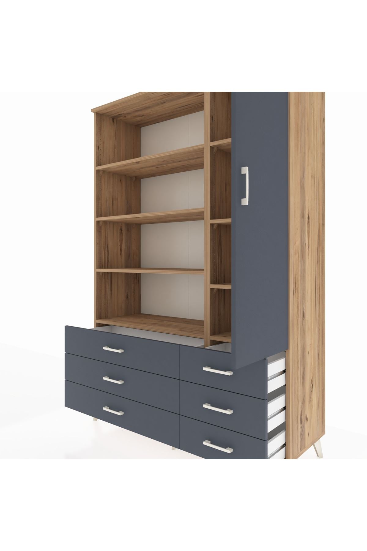 Hyperion Dolap 8 Raflı 6 Çekmeceli Tek Kapaklı  132x44x195 Çam-Antrasit/Antrasit