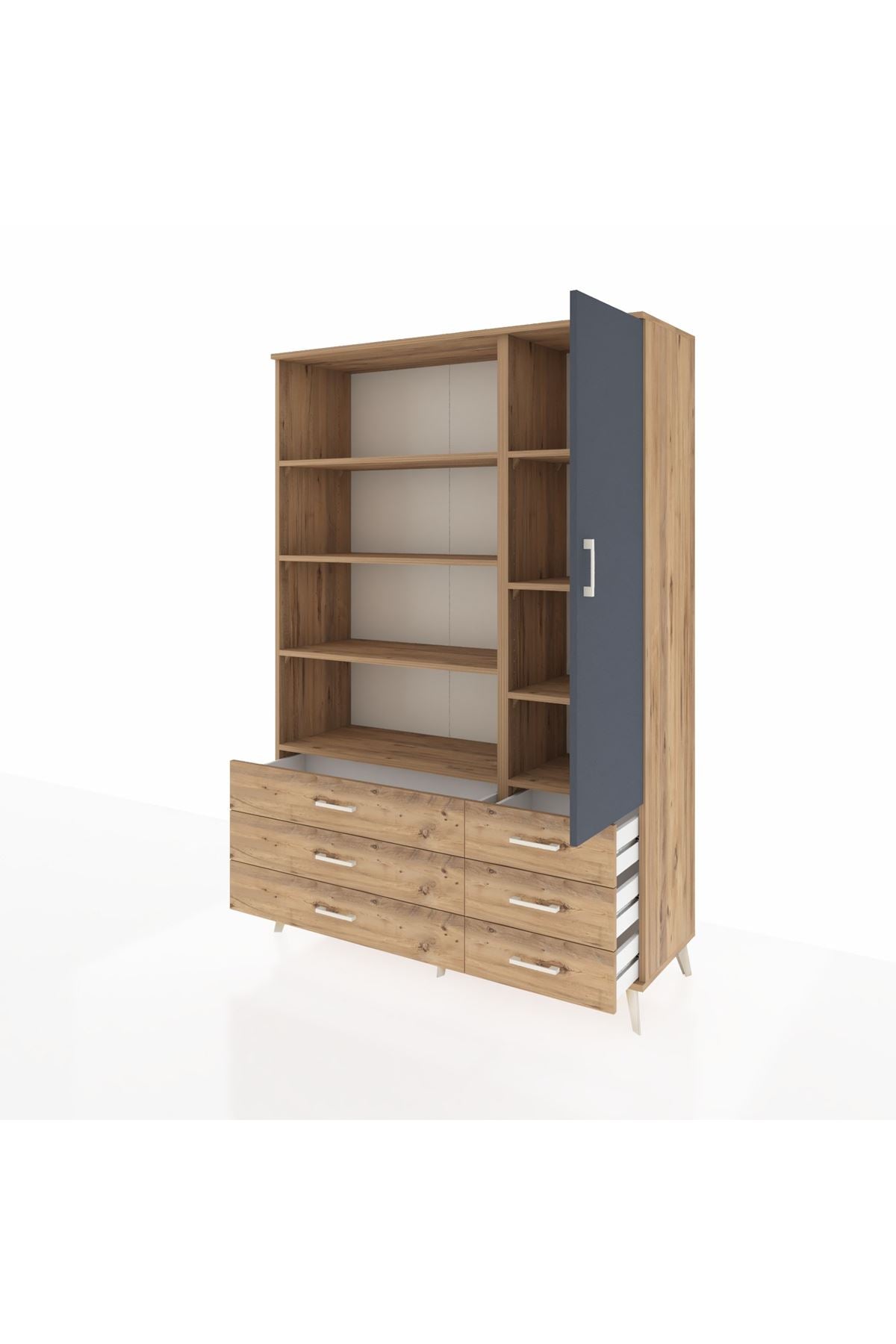 Hyperion Dolap 8 Raflı 6 Çekmeceli Tek Kapaklı  132x44x195 Çam-Antrasit/Çam