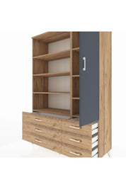 Hyperion Dolap 8 Raflı 6 Çekmeceli Tek Kapaklı  132x44x195 Çam-Antrasit/Çam
