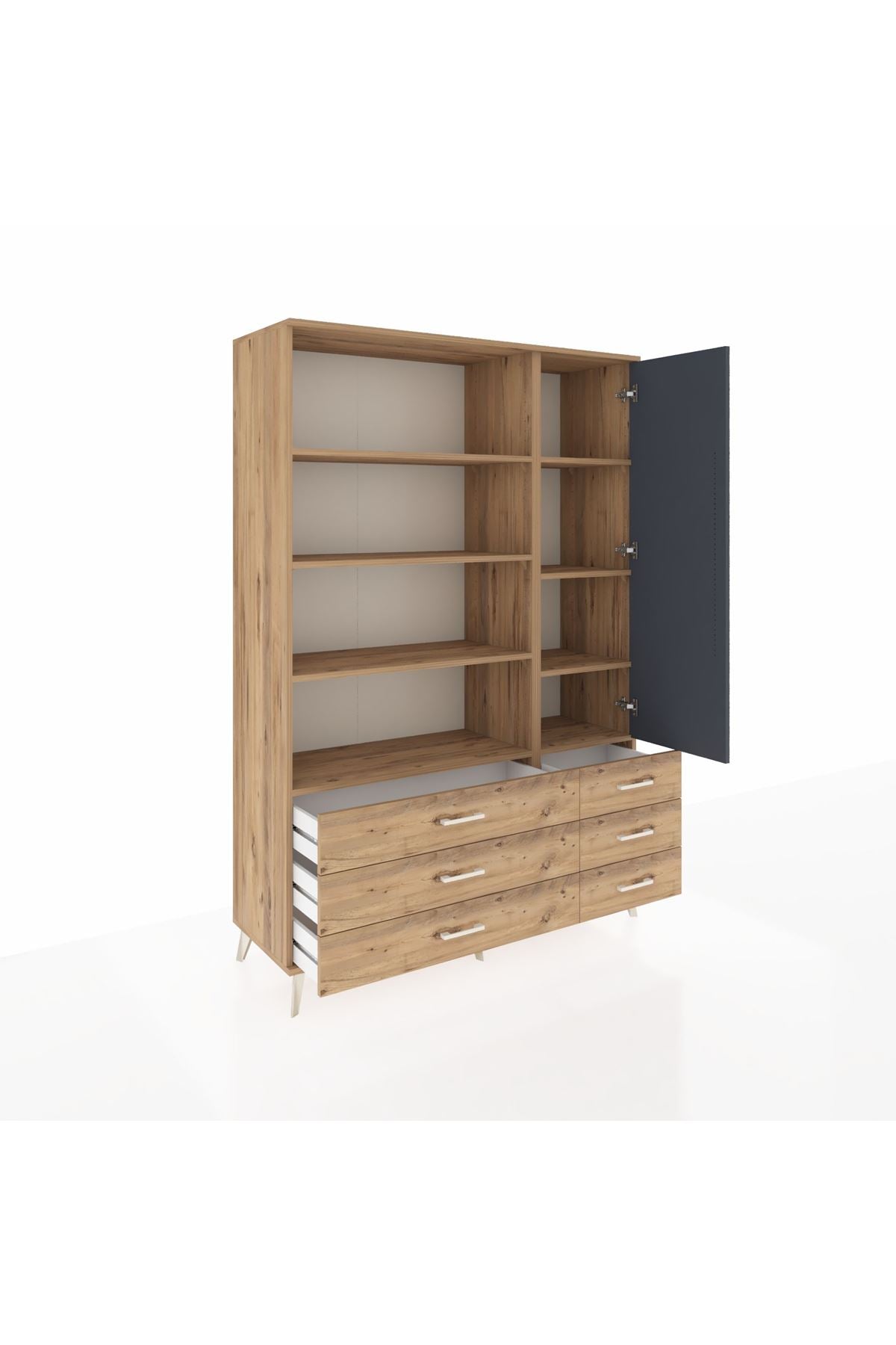 Hyperion Dolap 8 Raflı 6 Çekmeceli Tek Kapaklı  132x44x195 Çam-Antrasit/Çam