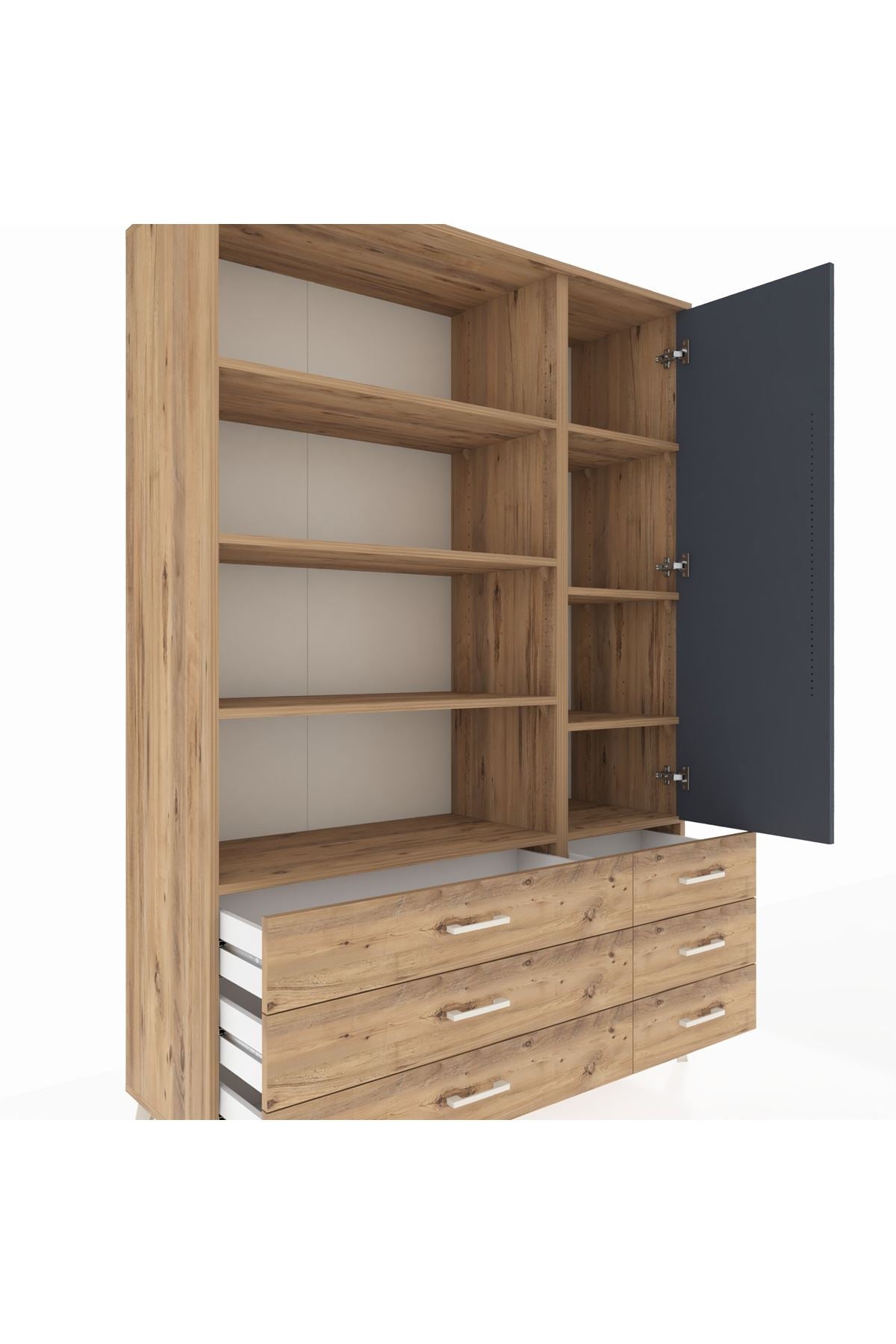 Hyperion Dolap 8 Raflı 6 Çekmeceli Tek Kapaklı  132x44x195 Çam-Antrasit/Çam