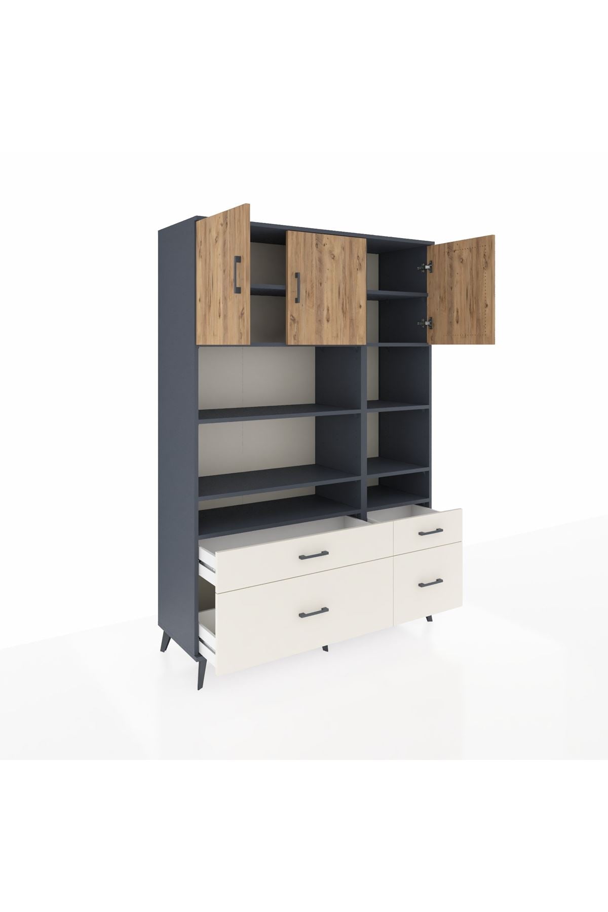 Hyperion Dolap 10 Raflı 4 Çekmeceli 3 Kapaklı 132x44x195 Antrasit-Çam/Aytaşı