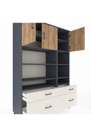 Hyperion Dolap 10 Raflı 4 Çekmeceli 3 Kapaklı 132x44x195 Antrasit-Çam/Aytaşı