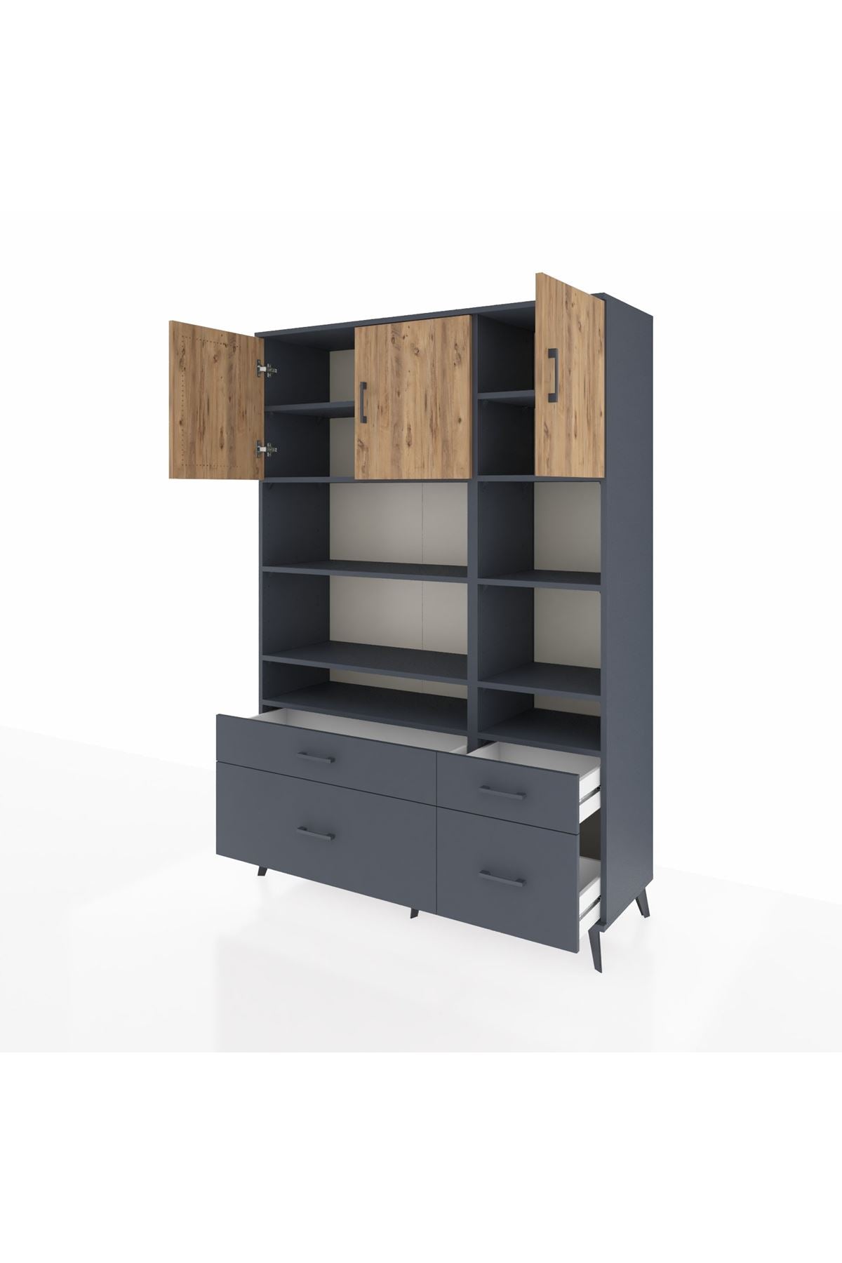 Hyperion Dolap 10 Raflı 4 Çekmeceli 3 Kapaklı 132x44x195 Antrasit-Çam/Antrasit