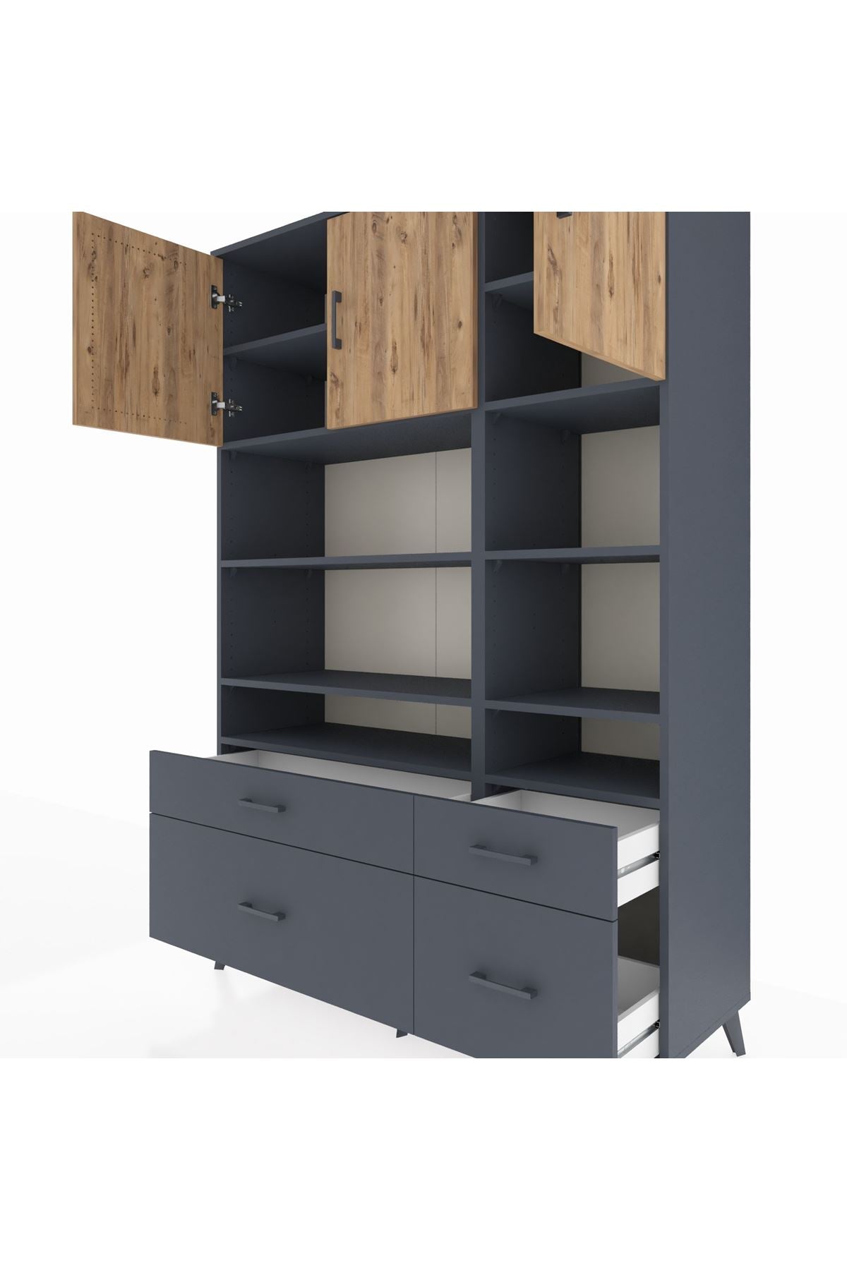 Hyperion Dolap 10 Raflı 4 Çekmeceli 3 Kapaklı 132x44x195 Antrasit-Çam/Antrasit