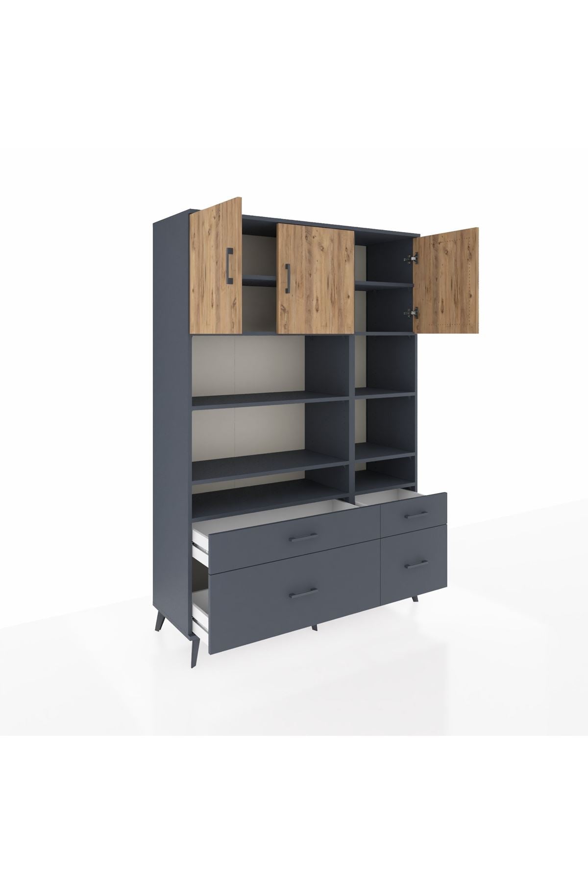 Hyperion Dolap 10 Raflı 4 Çekmeceli 3 Kapaklı 132x44x195 Antrasit-Çam/Antrasit