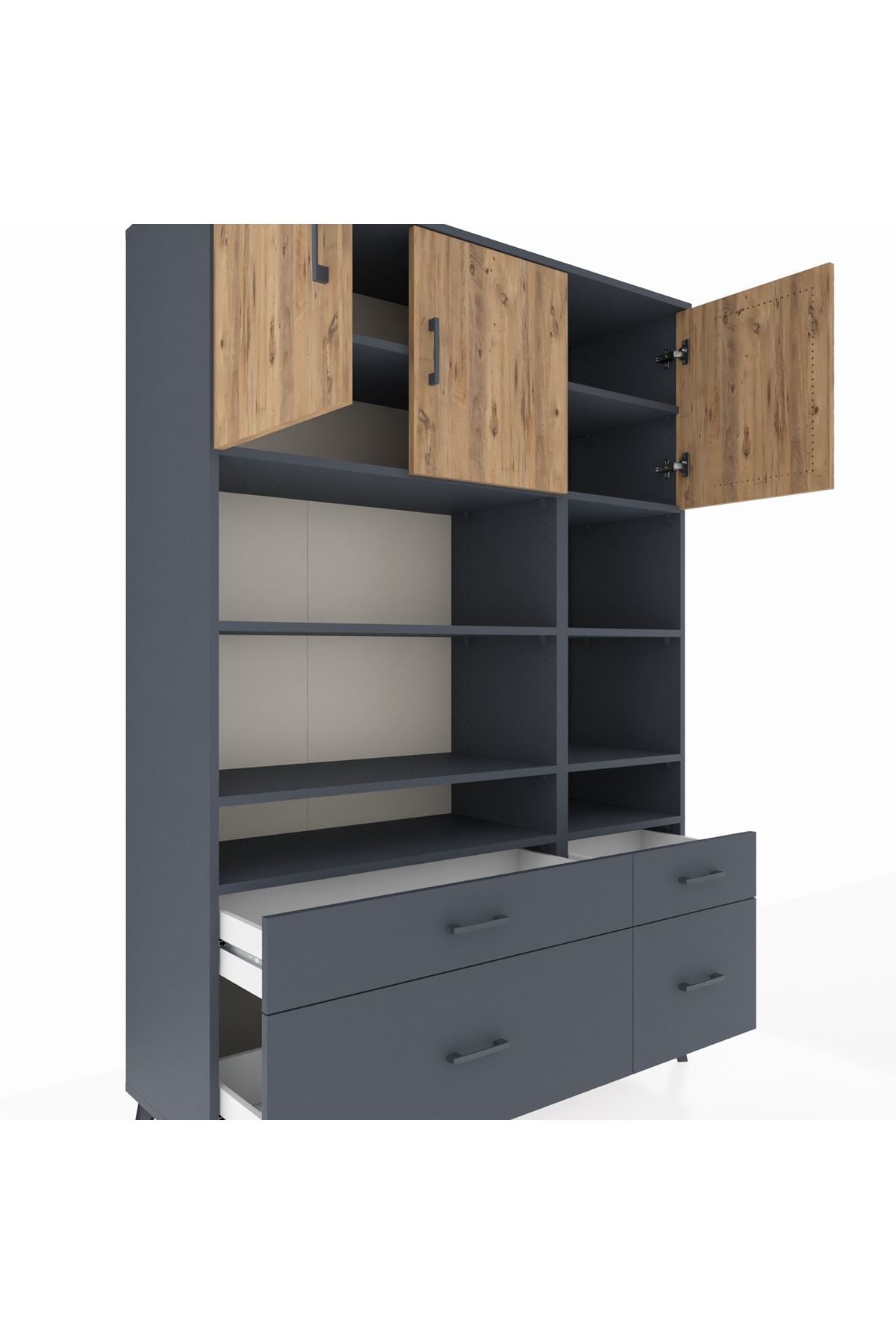 Hyperion Dolap 10 Raflı 4 Çekmeceli 3 Kapaklı 132x44x195 Antrasit-Çam/Antrasit