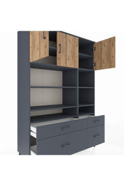 Hyperion Dolap 10 Raflı 4 Çekmeceli 3 Kapaklı 132x44x195 Antrasit-Çam/Antrasit