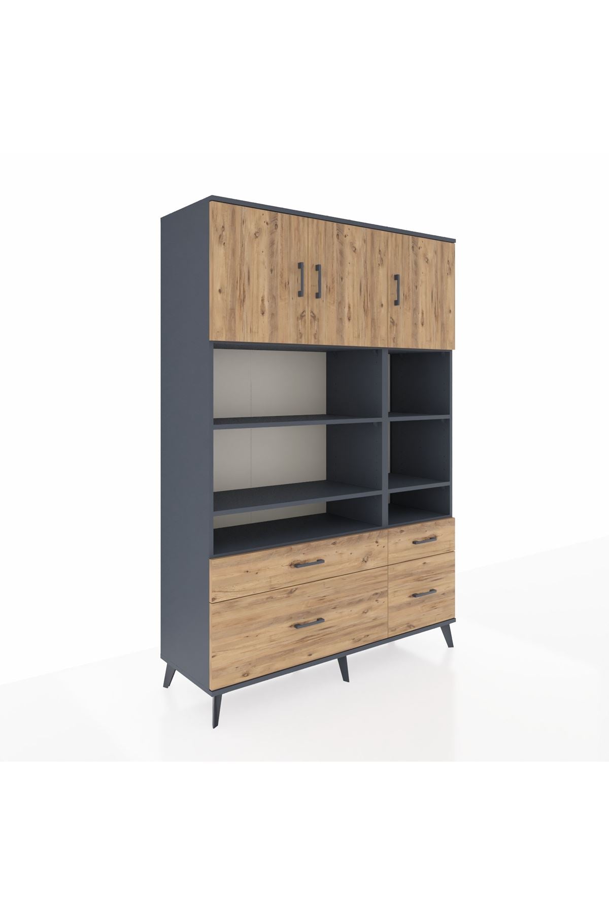 Hyperion Dolap 10 Raflı 4 Çekmeceli 3 Kapaklı 132x44x195 Antrasit-Çam/Çam
