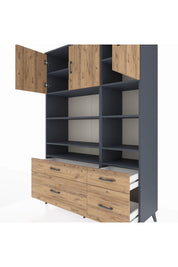 Hyperion Dolap 10 Raflı 4 Çekmeceli 3 Kapaklı 132x44x195 Antrasit-Çam/Çam