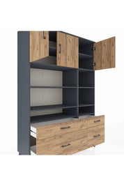 Hyperion Dolap 10 Raflı 4 Çekmeceli 3 Kapaklı 132x44x195 Antrasit-Çam/Çam