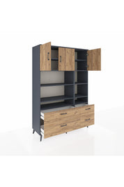 Hyperion Dolap 10 Raflı 4 Çekmeceli 3 Kapaklı 132x44x195 Antrasit-Çam/Çam