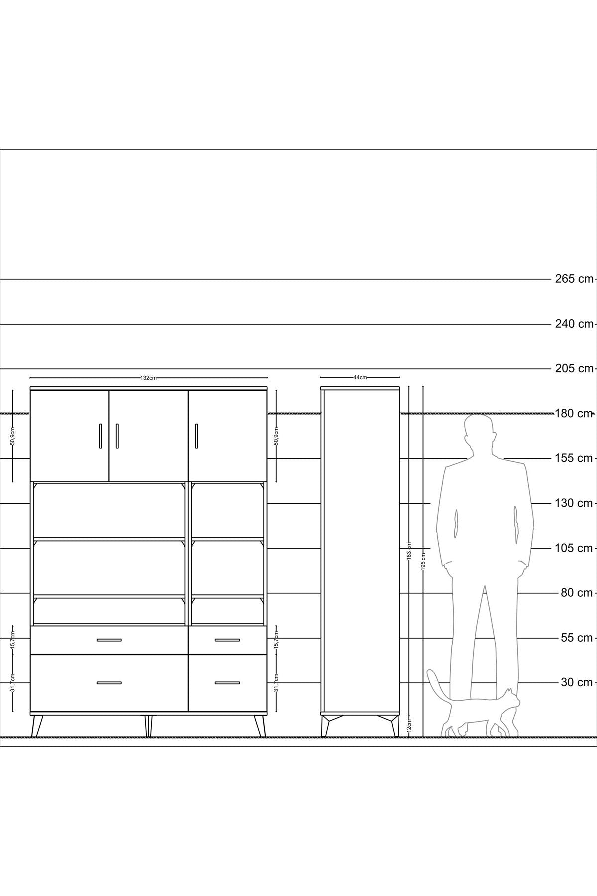 Hyperion Dolap 10 Raflı 4 Çekmeceli 3 Kapaklı 132x44x195 Antrasit-Çam/Çam