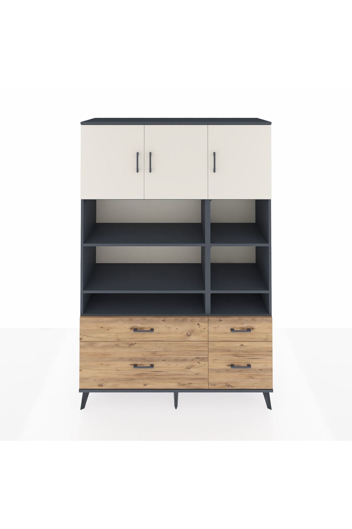 Hyperion Dolap 10 Raflı 4 Çekmeceli 3 Kapaklı 132x44x195 Antrasit-Aytaşı/Çam