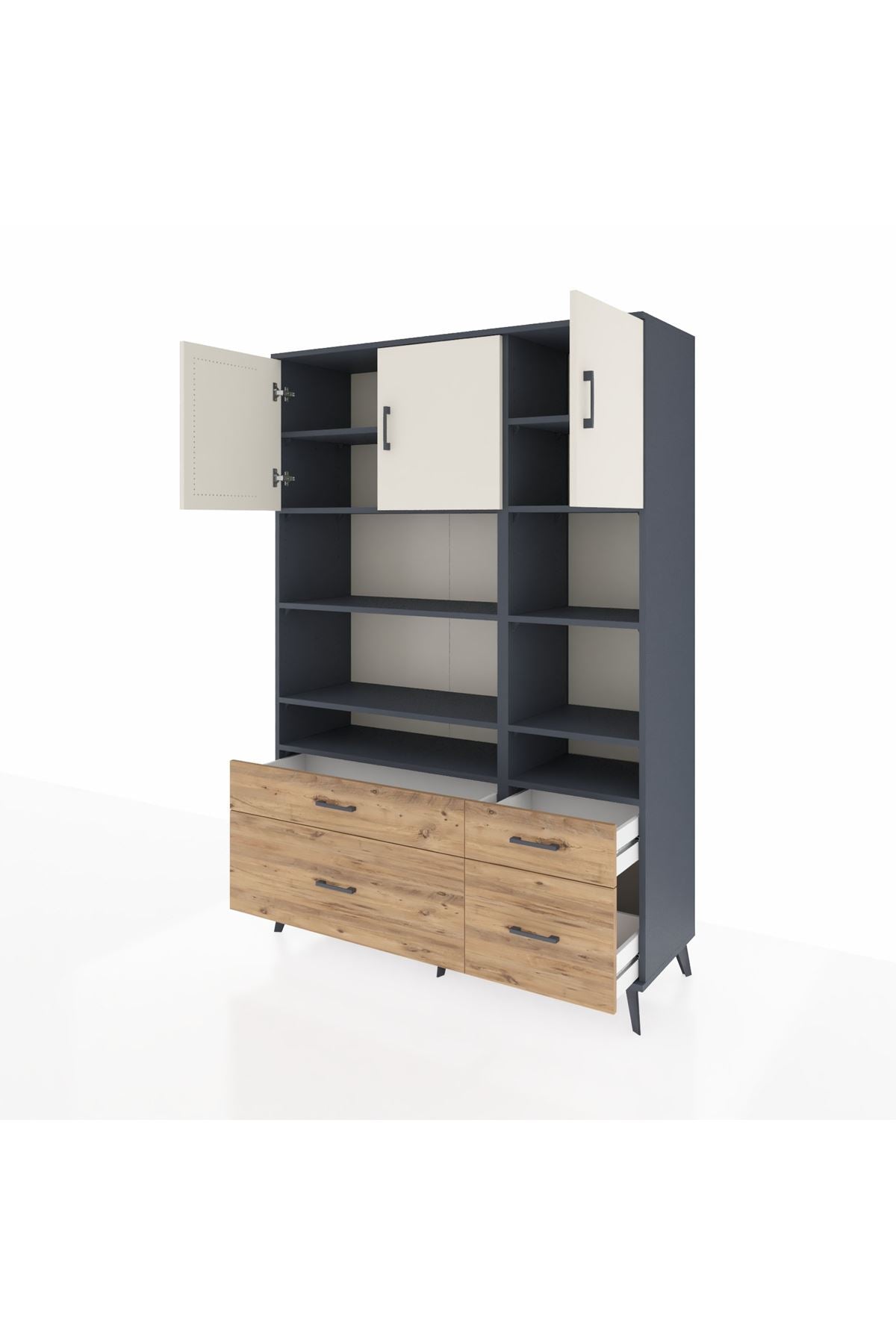 Hyperion Dolap 10 Raflı 4 Çekmeceli 3 Kapaklı 132x44x195 Antrasit-Aytaşı/Çam