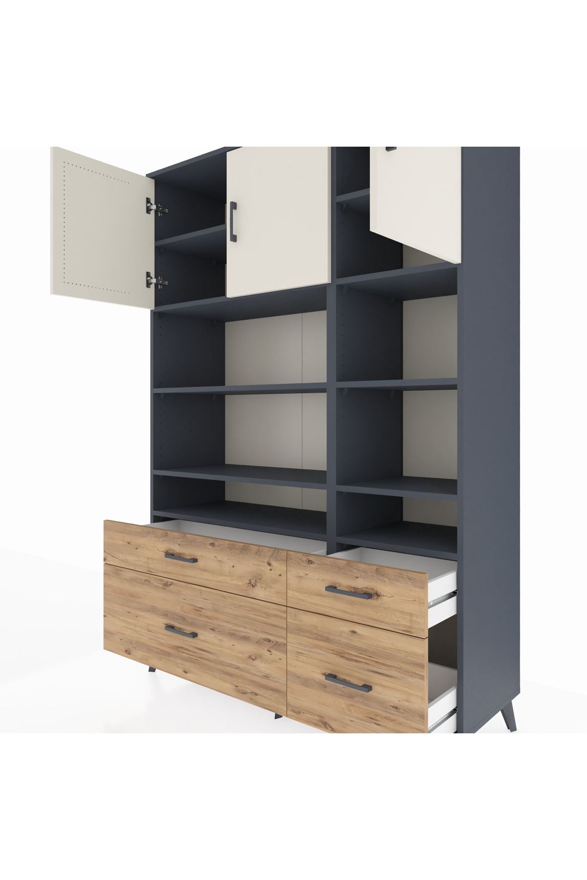 Hyperion Dolap 10 Raflı 4 Çekmeceli 3 Kapaklı 132x44x195 Antrasit-Aytaşı/Çam