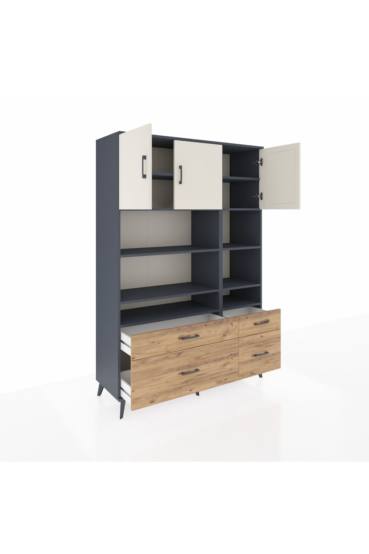 Hyperion Dolap 10 Raflı 4 Çekmeceli 3 Kapaklı 132x44x195 Antrasit-Aytaşı/Çam