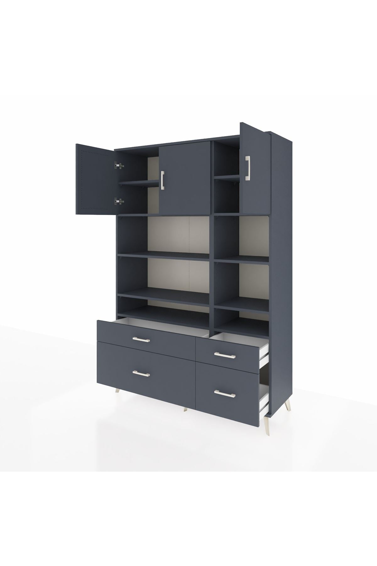 Hyperion Dolap 10 Raflı 4 Çekmeceli 3 Kapaklı 132x44x195 Antrasit-Antrasit/Antrasit